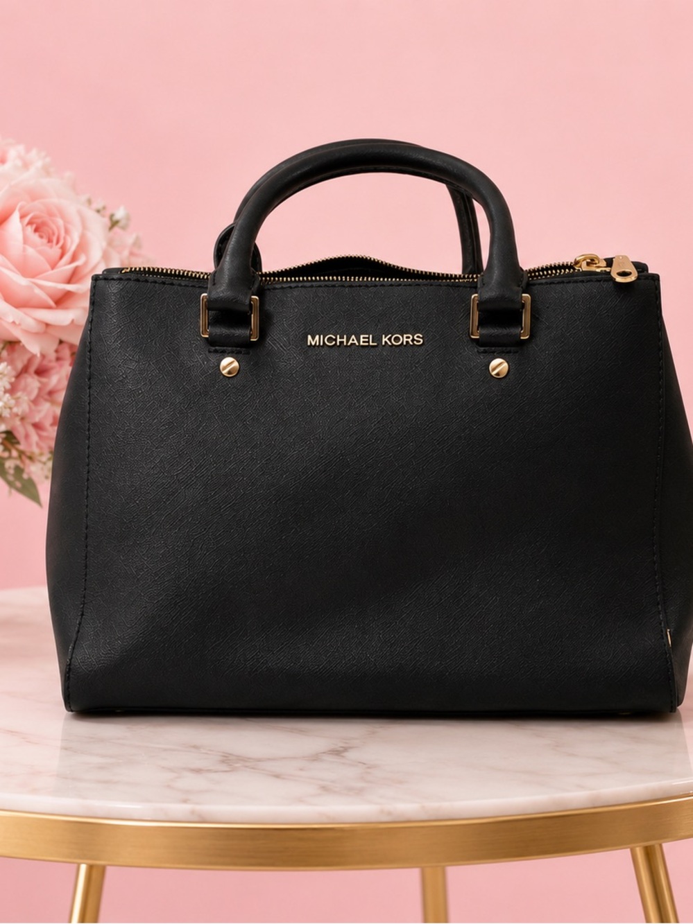 Michael Kors Black Leather Satchel with Gold Hardware